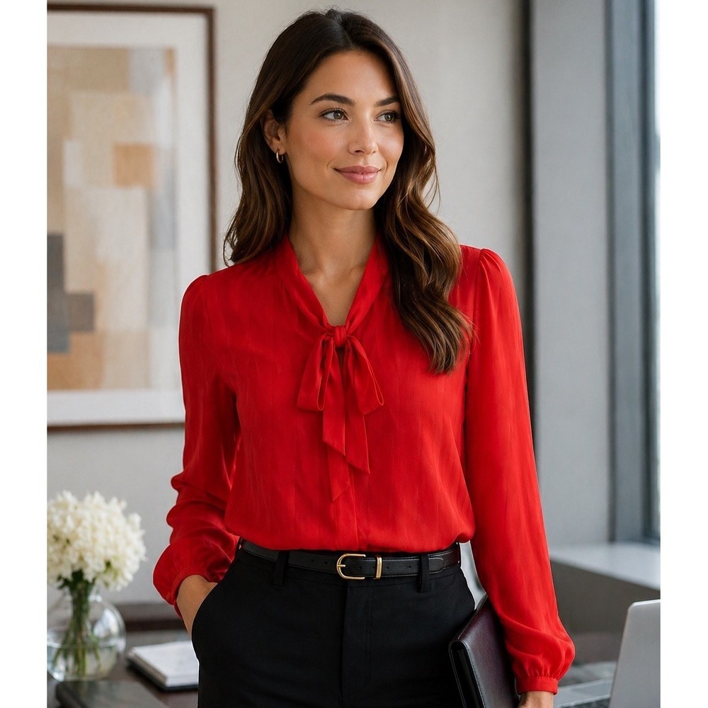 Tory Burch 100% Silk Blouse Red Tie Neck Long Sleeve Size 2 Office Corporate‎